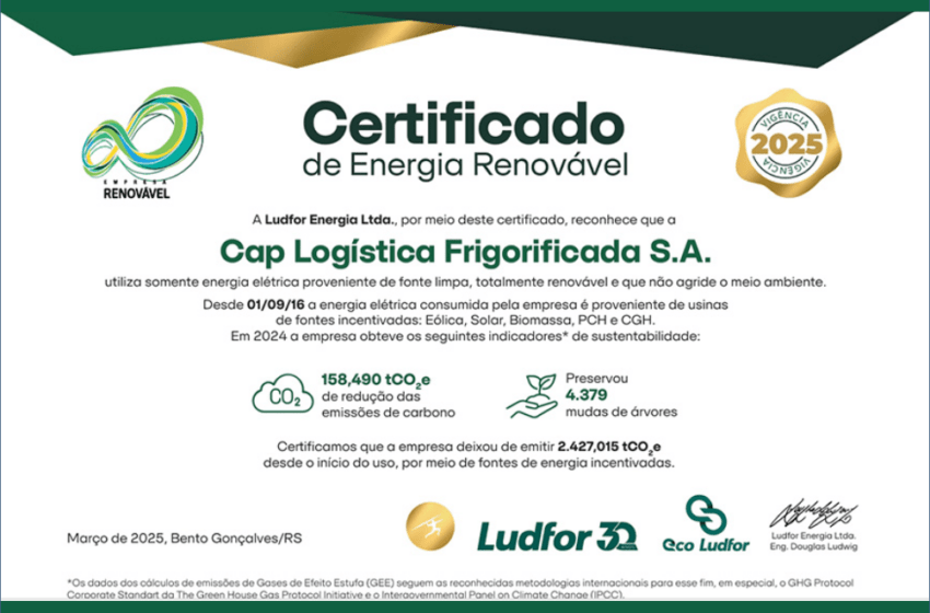 CAP Logística recebe certificado por uso de energia renovável